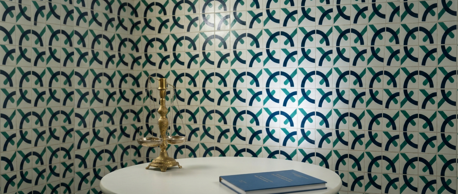 Balança da justiça sobre mesa branca em frente a azulejo decorativo azul e verde